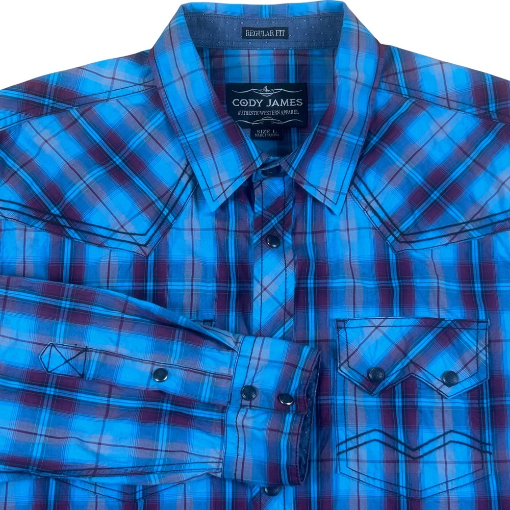 Cody James Mens Regular‎ Fit Plaid Western Snap Front Shirt Blue Purple Large